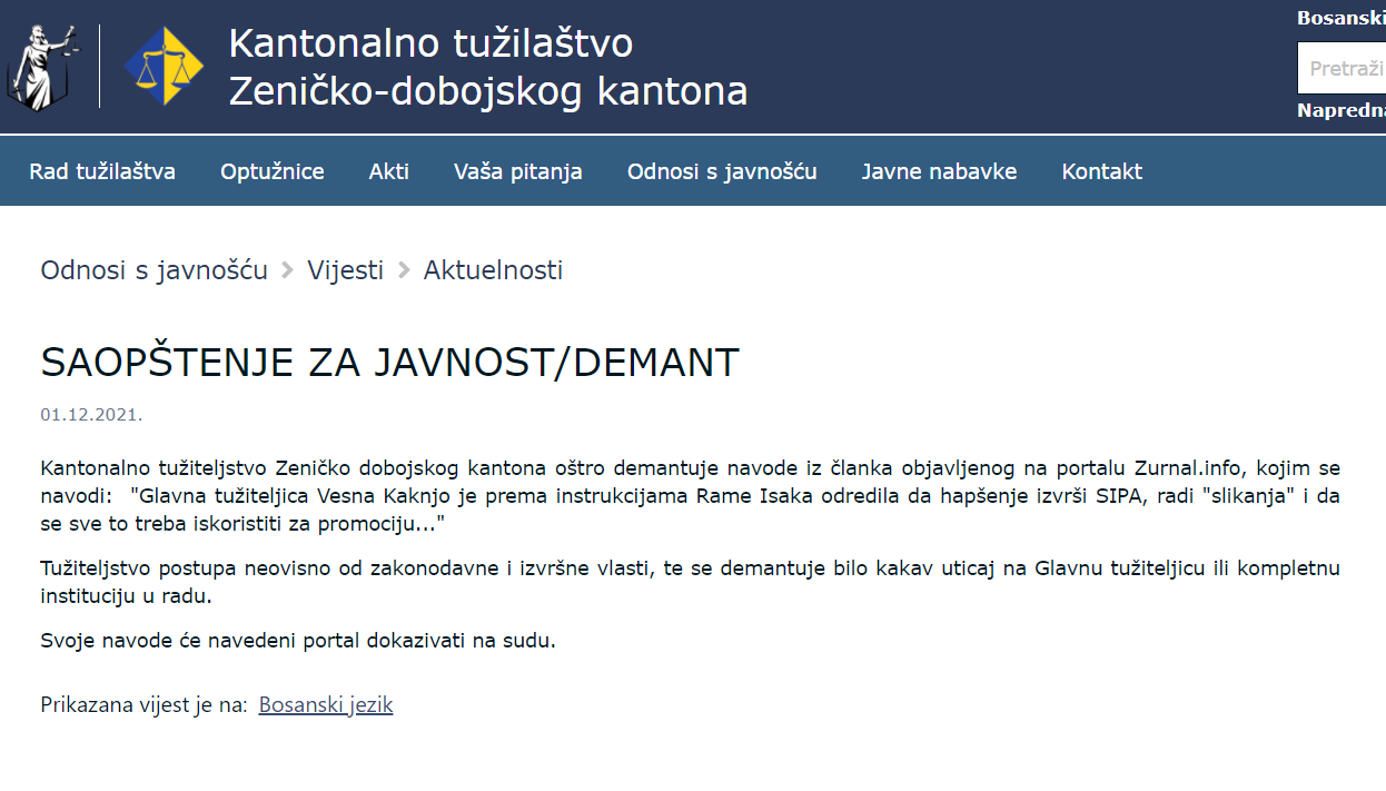 Tužilaštvo ZDK demantira "Žurnal" Postupamo neovisno od vlasti Voice.ba